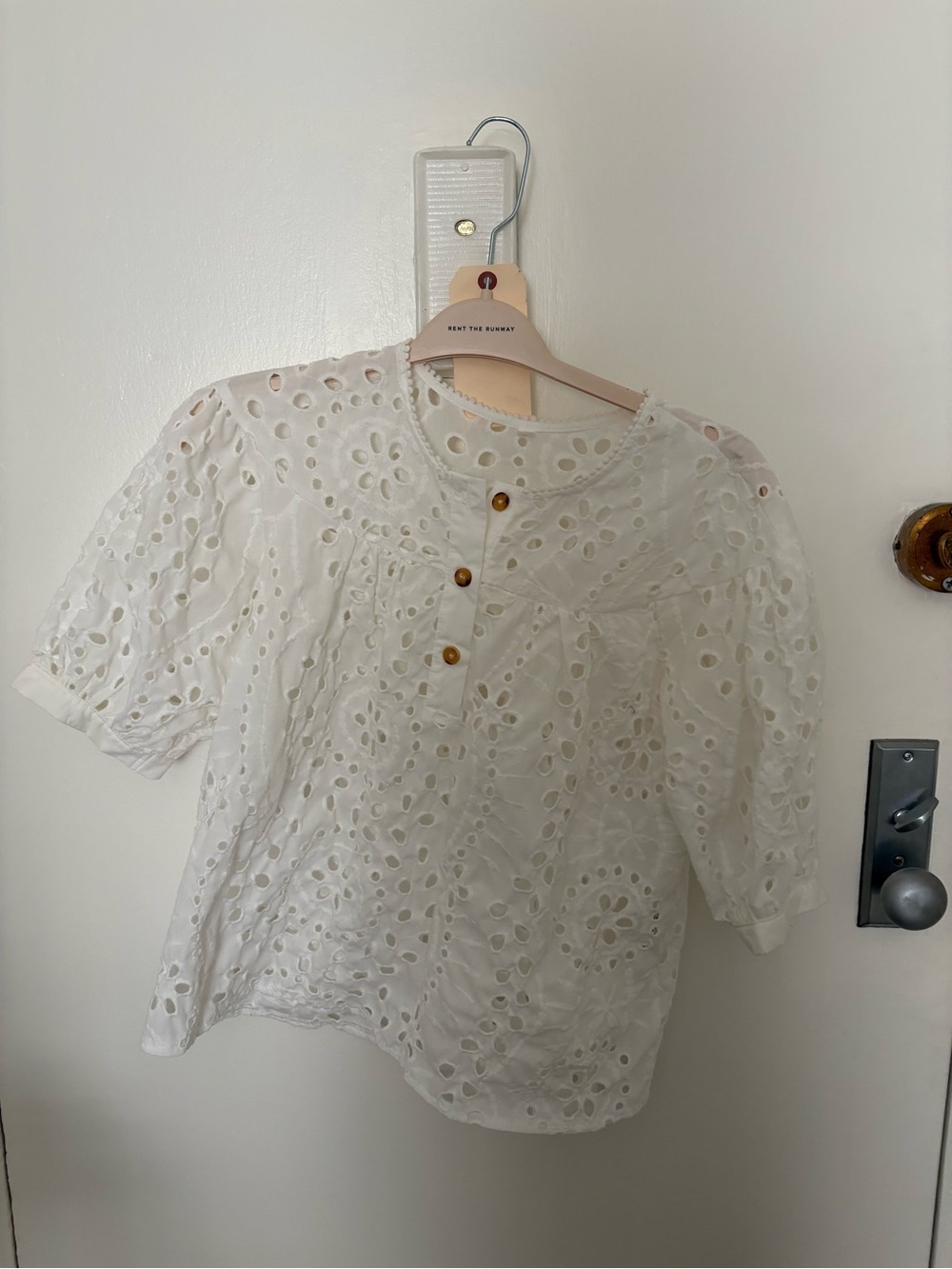 White Eyelet Button-Front Blouse with Puff Sleeves